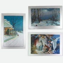 Vintage Christmas Cards Lot 3 Snowy Night Manger House Silver Border USA Litho - £7.81 GBP