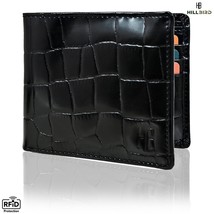 &quot;HILL BIRD&quot; Black Leather Men&#39;s Croc Bifold Wallet Flap Top Crocodile Print - $18.65