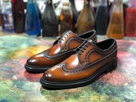 Bespoke Handmade Tan Brown Color Genuine Leather Wing Tip Brogues Men Oxford Sho - £166.85 GBP