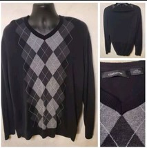 Claiborne Mens XXL Sweater 2XL Black V-Neck Argyle Gray Cotton Charlie B... - $21.73