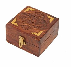 Wooden Jewelry Box  Women Jewel Organizer Square Carving with Brass Corner 4Inch - £12.41 GBP