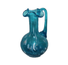 VTG MCM Hand Blown Art Glass Small Pitcher or Vase Teal Blue White Spatter 4.5in - £16.98 GBP