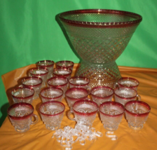 Vintage Indiana Glass Red And Clear 20 Piece Punch Bowl Set With Pedesta... - £90.73 GBP