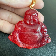 18K Yellow Gold Carved Red Happy Laughing Buddhist Meditation Buddha Pendant L - £421.98 GBP