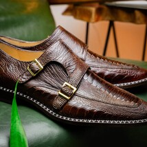 Genuine Ostrich Leg Double Monk Strap Shoes Napoli Brown image 7