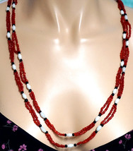 Handmade Red White and Black Glass Bead Necklace Extra Long 58 Inches - £15.97 GBP