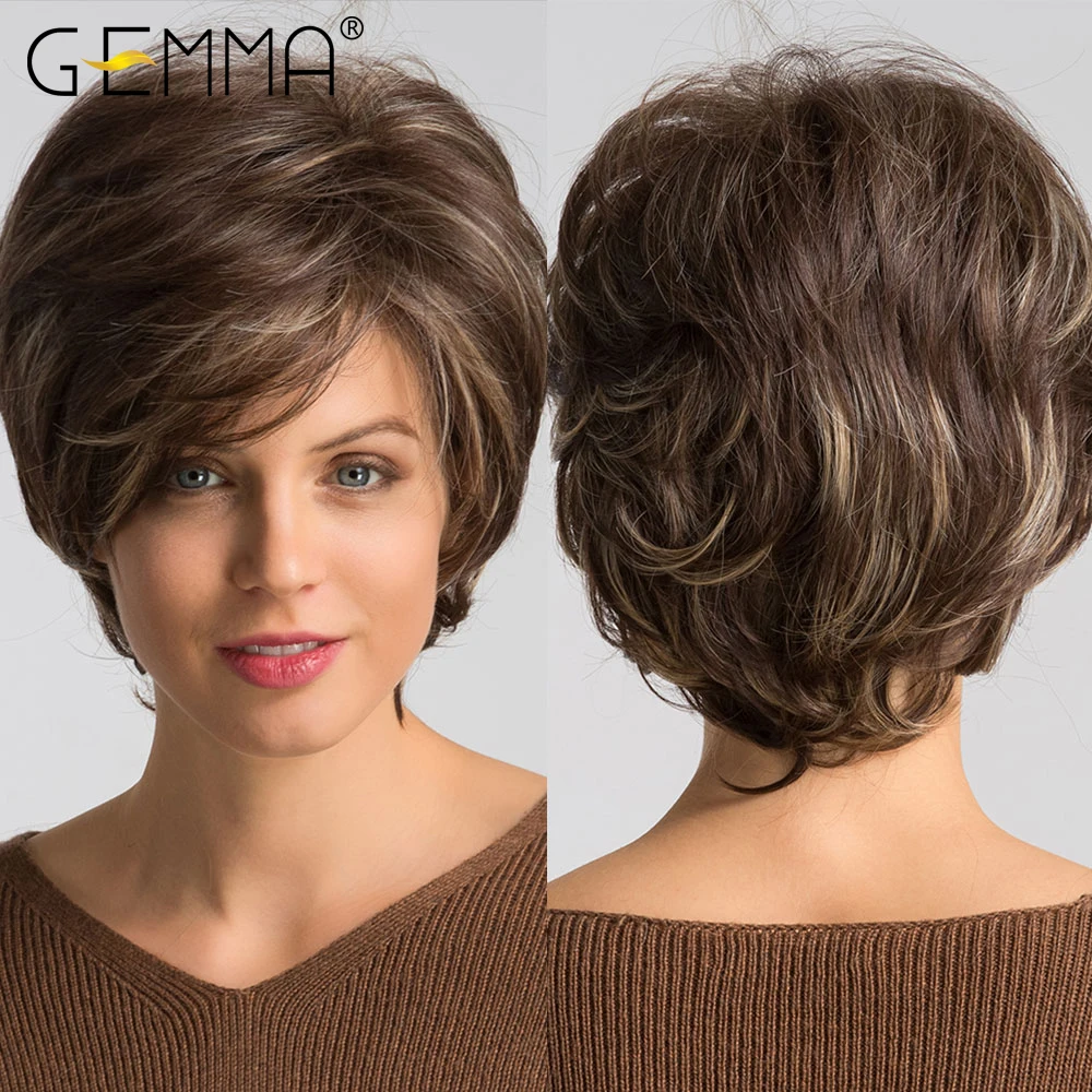 GEMMA Mixed Brown Blonde Highlight Synthetic Wig Short Pixie Cut Wavy Bob Wi - £8.57 GBP+