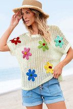 White Crochet Flower Hollow-out Sweater T Shirt - £34.91 GBP