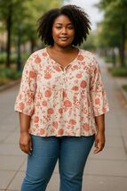 Papermoon Womens Coral Floral Boho 3/4 Sleeve Blouse Top Plus Size 2X - €12,99 EUR