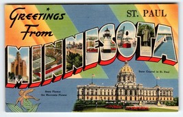 Greetings From St Paul Minnesota Large Letter Postcard Linen Unused Tichnor Bros - $60.56