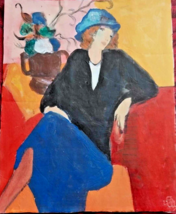 Acrylic Painting  &quot;Lady in a Blue Hat &quot;. Signed - £30.95 GBP