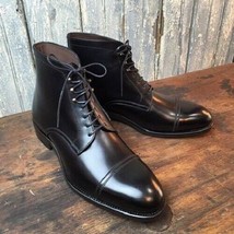 Handmade Men’s Black Cowhide Leather Ankle High Cap Toe Lace Up Balmoral... - $148.49+