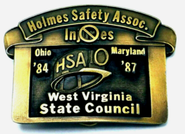 1987 HOLMES SAFETY ASSOCIATION BRASS MINING BELT BUCKLE 3 1/2&quot; x 2 1/2&quot; EUC - £4.70 GBP