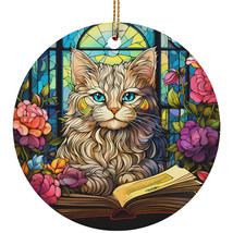 Funny Cat Book Stained Glass Art Flower Wreath Colors Ornament Christmas Gift - £11.57 GBP