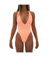 Women's Solid Color Halter One-Piece Swimsuit, Deep V-Neck, PQ2026 (US, ... - $29.35