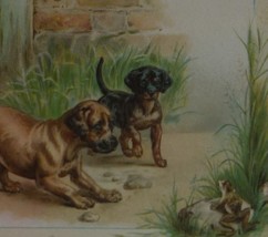 BARGAIN BIN 1800&#39;s Antique Victorian Christmas Card - Dogs Find Frog - £5.44 GBP