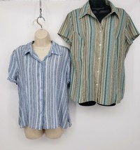 Lot Collared Button Blouse Women&#39;s Large Short Sleeves Blue Silk Green Stripes - £9.45 GBP