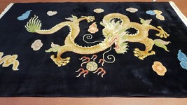 Antique Chinese Art Deco Rug 6x9 Dragon Black Chinese Carpet Hand Knotted Wool - £2,141.73 GBP
