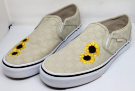 Vans Slip-On Shoes Off The Wall Beige Checkered Embroidered Sunflowers SZ8 Women - £40.15 GBP