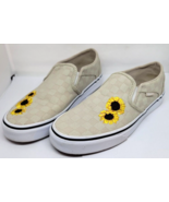 VANS Slip-On Shoes OFF THE WALL Beige Checkered Embroidered SUNFLOWERS S... - $49.99