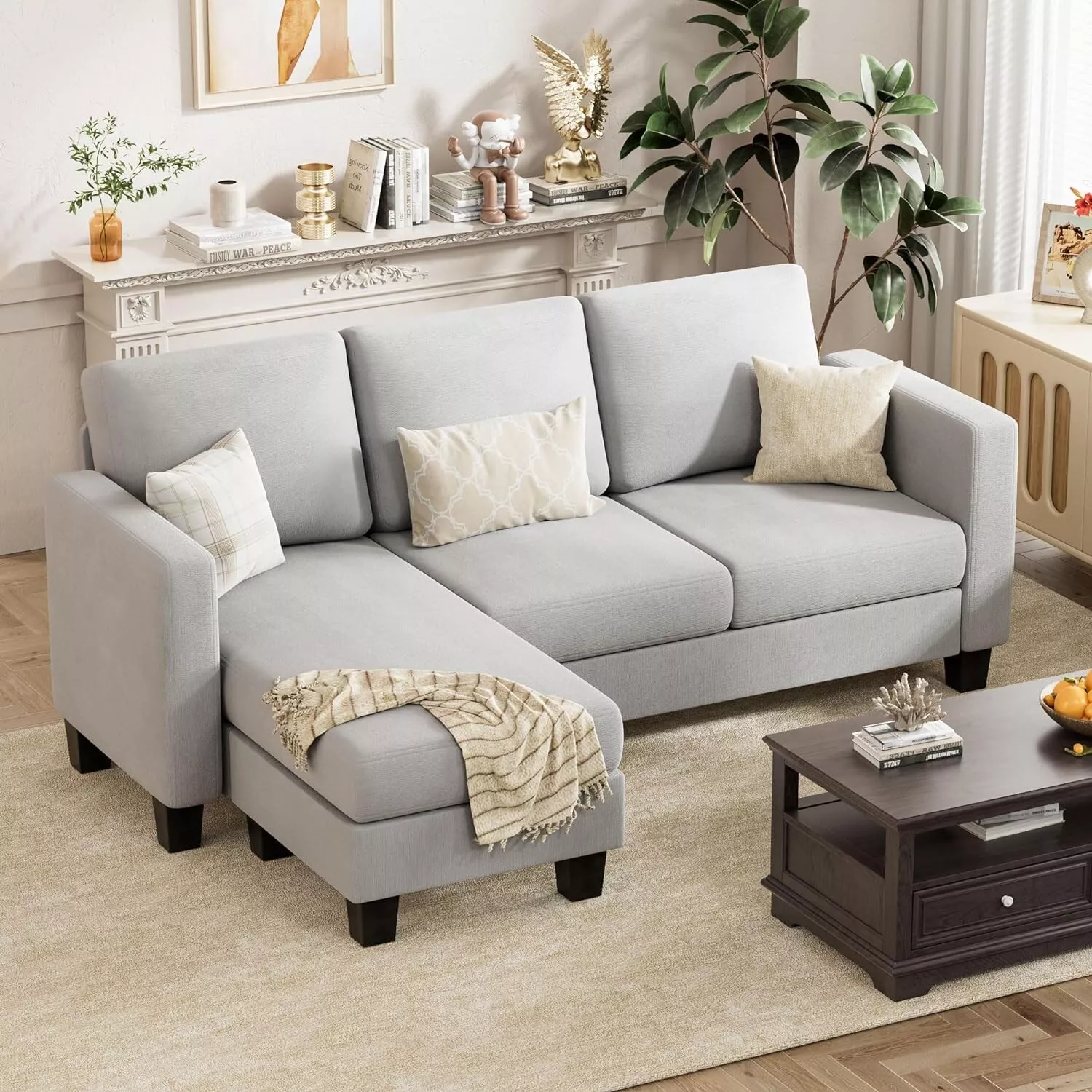 Gray Fabric L-Shaped Sectional Sofa Living Room Couch With Reversible Ot... - $442.09 CAD