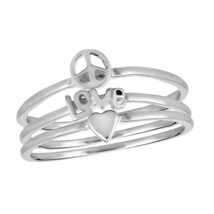 Heart Love Peace Triple Stackable Band Sterling Silver Ring-9 - $18.21