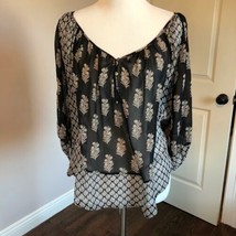 EUC JOIE 100% Silk Chiffon Black &amp; Gray Print Peasant Blouse SZ M - £47.06 GBP