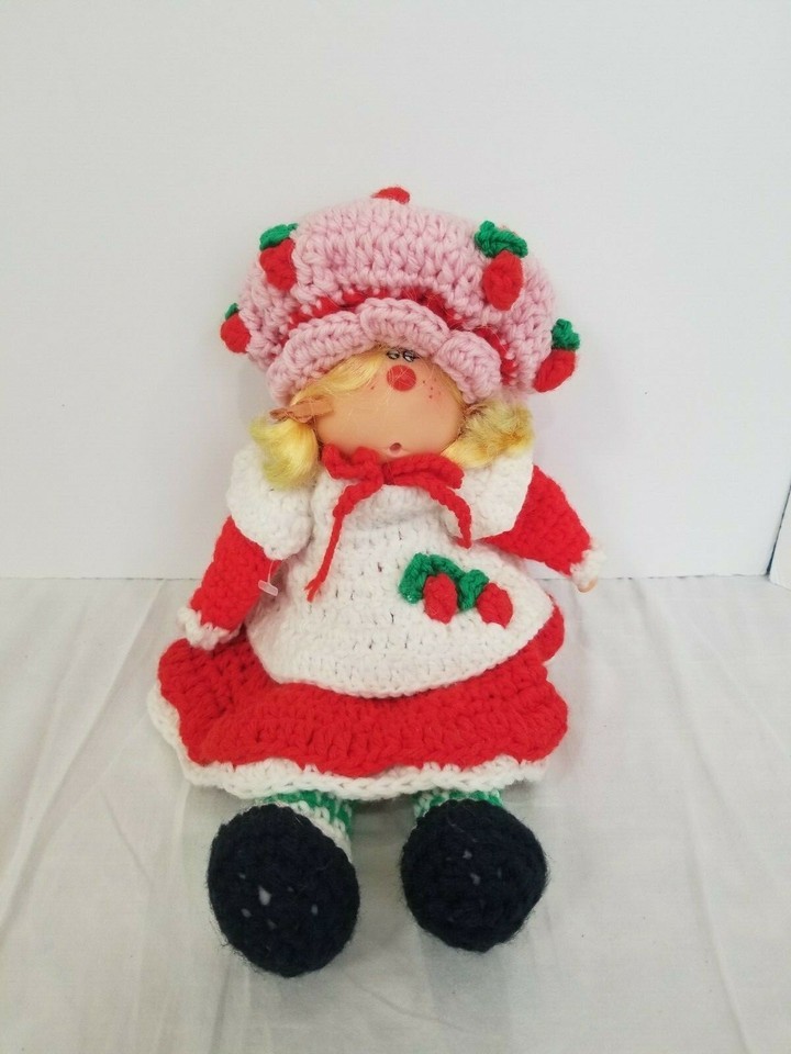 Vintage Knit Crochet Strawberry Shortcake Doll Plastic Head Soft Body EUC - $14.99