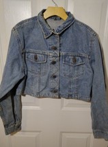 Vintage Lee Denim Jacket Womens Large L Blue Cropped Light Wash Biker Motorcyle - £19.34 GBP