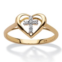 18K Gold Sterling Silver Diamond Accent Floating Cross Heart Ring 6,7,8,9,10 - £201.06 GBP