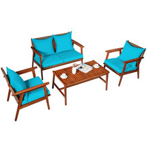 4Pcs Outdoor Rattan Furniture Set Acacia Wood Frame Cushioned Sofa Chair - £480.31 GBP