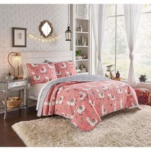 TN 3 Piece Girls Cream Light Pink Llama Themed Quilt King Set, Cute Teal... - $89.09