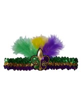Mardi Gras Fleur de Lis Sequin Feathered Headband Purple Green Gold - £5.95 GBP