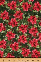 Cotton Poinsettias Flowers Berries Christmas Holiday Fabric Print BTY D501.55 - £10.35 GBP