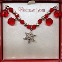 Holiday Lane Women&#39;s Necklace - Red Silver Tone Beads - Star Pendant - £7.78 GBP