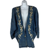 Vintage Ultra II Embroidered Denim Jacket With Sequins &amp; Shoulder Pads Size M - £17.76 GBP