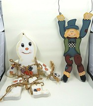 Halloween Wooden Hanging Decorations Scarecrow and Ghost Jointed Fall Harvest - £15.17 GBP