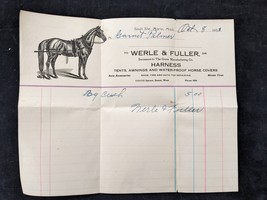 Antique 1923 WERLE &amp; FULLER Horse Harness Billhead Sault Ste. Marie, Michigan - £23.20 GBP