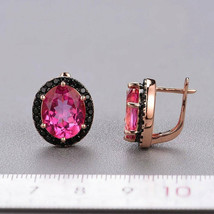 3Ct Oval Cut CZ Pink Ruby Halo Stud Earrings 14K Rose Gold Plated Silver - £85.50 GBP