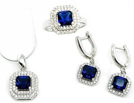 Sterling Silver 925 Royal Blue Sapphire CZ Jewelry Set Halo Pave Setting Ring - £60.98 GBP