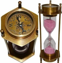 Vintage Nautical Brass Decor Sand Timer Antique Maritime Hourglass with Compass - £25.42 GBP