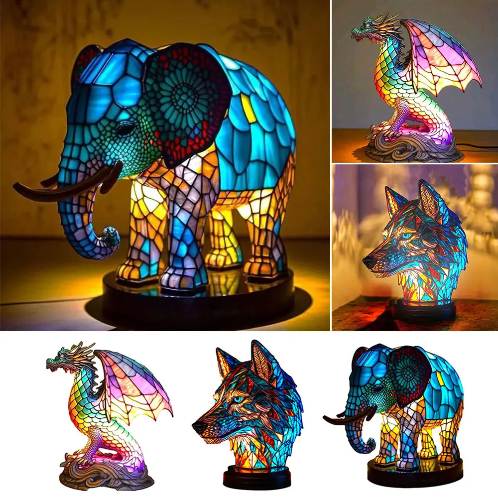 Resin Stained Glass Animal Lamp Dragon Wolf Elephant Table Lamp Desktop Ornament - £17.69 GBP+