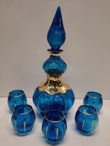 Rossini Impoli Style Genie Decanter Art Glass Blue And Gold With 5 Genie Glasses - £96.42 GBP