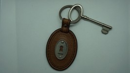 Vintage Authentic Fossil Oval Leather Fob With Metal Fossil Skeleton Key Keyring - £12.39 GBP