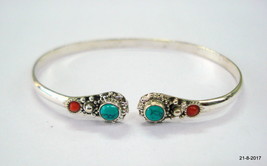 sterling silver bracelet bangle cuff turquoise and coral gemstone bracelet - $98.01