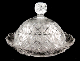 American Brilliant Glass Round Covered Butter Dish Cheese Dome Sawtooth Fans - £79.32 GBP