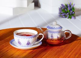 Lavender Sprig Teapot Lid Strainer Tea Cup and Saucer 5 piece Set 12 oz Ceramic image 4