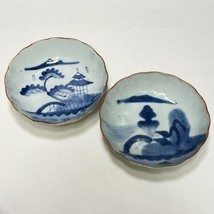 Pair Japanese Ceramic Porcelain Blue White Scalloped Edge Bowls Mountain... - £38.95 GBP