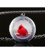 Cardinal Red Bird Cabochon LOCKET Pendant Silver Chain Necklace USA Ship... - £11.80 GBP