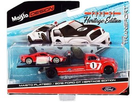 2018 Ford GT #1 Heritage Edition with Flatbed Truck Red with White Strip... - $27.70
